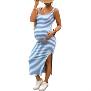 IbuLuxe Slim Sexy Bodycon Maternity Dress- Striped Side Slit Sleeveless