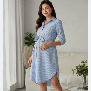 Blue Striped Collar Button Maternity Dress